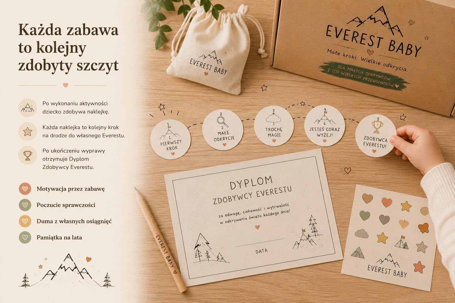 Zawartość zestawu Everest Baby — naklejki, dyplom, woreczek